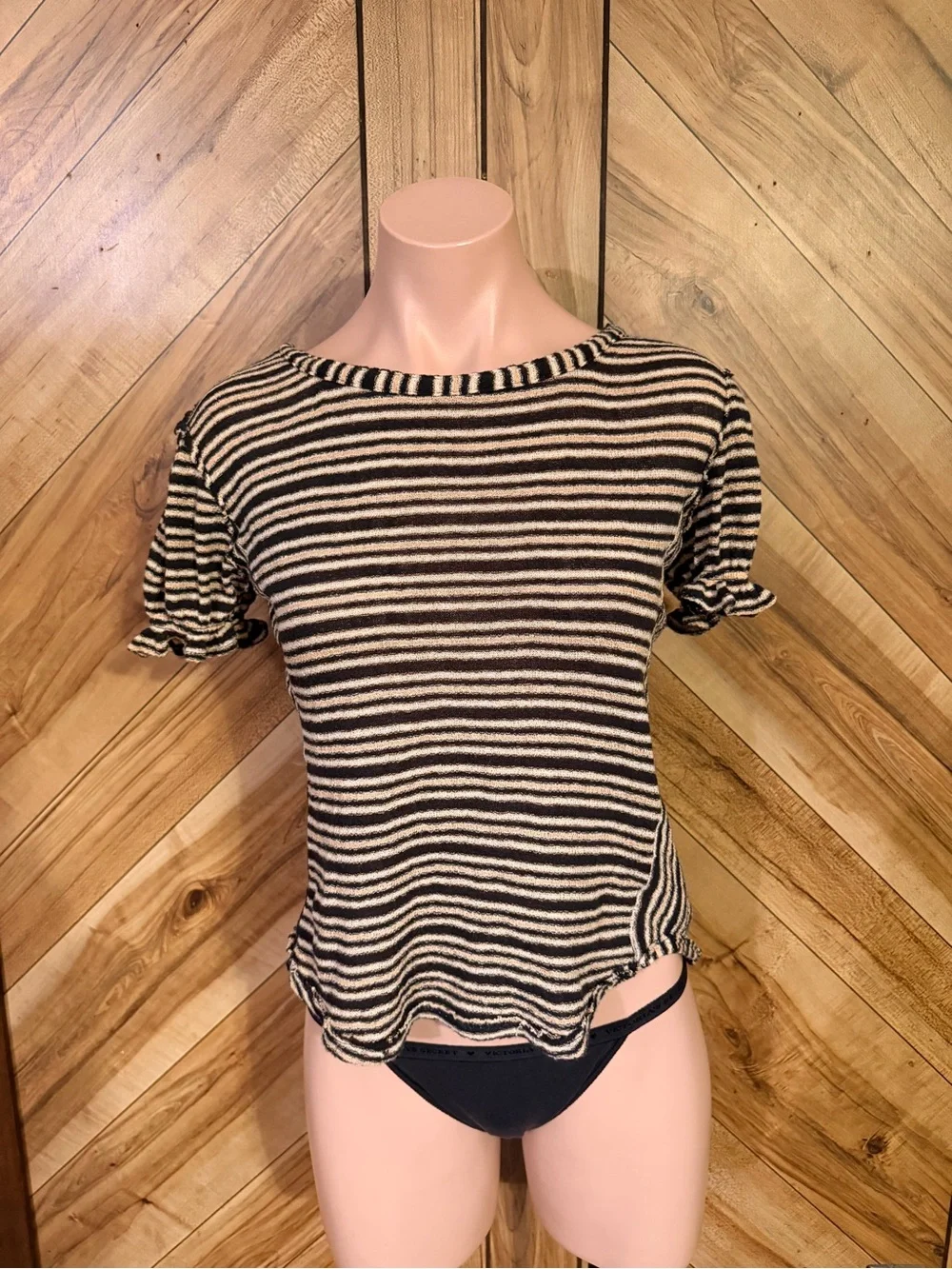 Free People Womens L Striped Puff Sleeve Knit Scoop Neck Top Tee Boho